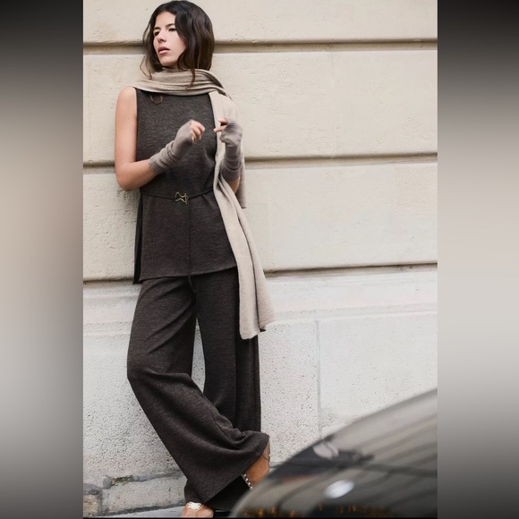Zara Pants - (SET) NWT ZARA Soft Pique Mock Neck Top and Wide Leg Pants Size M - Marled Brown
